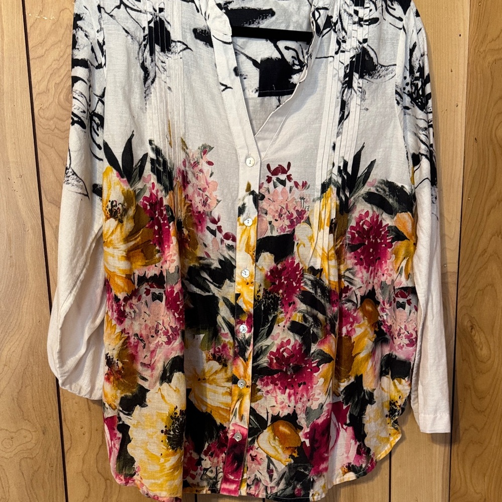 Soft Surroundings Floral Button-Down Shirt - Pink, Yellow, Black